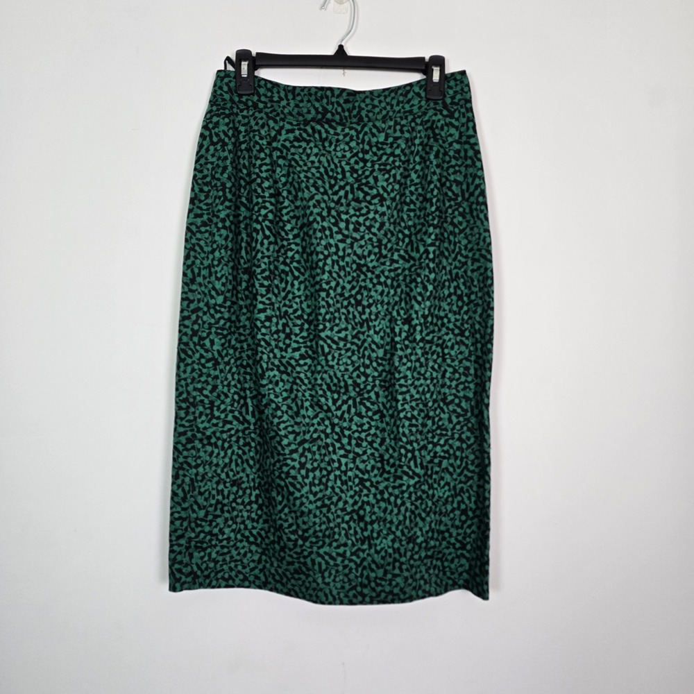 Ann Tjian for Kenar Pencil Skirt Women 12 Green Black LinenAbstract Vintage chic - Picture 2 of 9